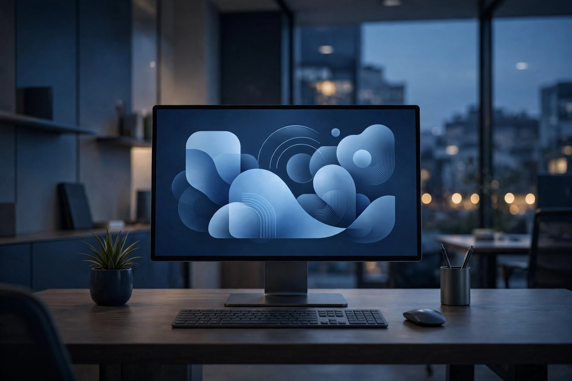 A workstation at dusk, screen glowing — the agent's own computer