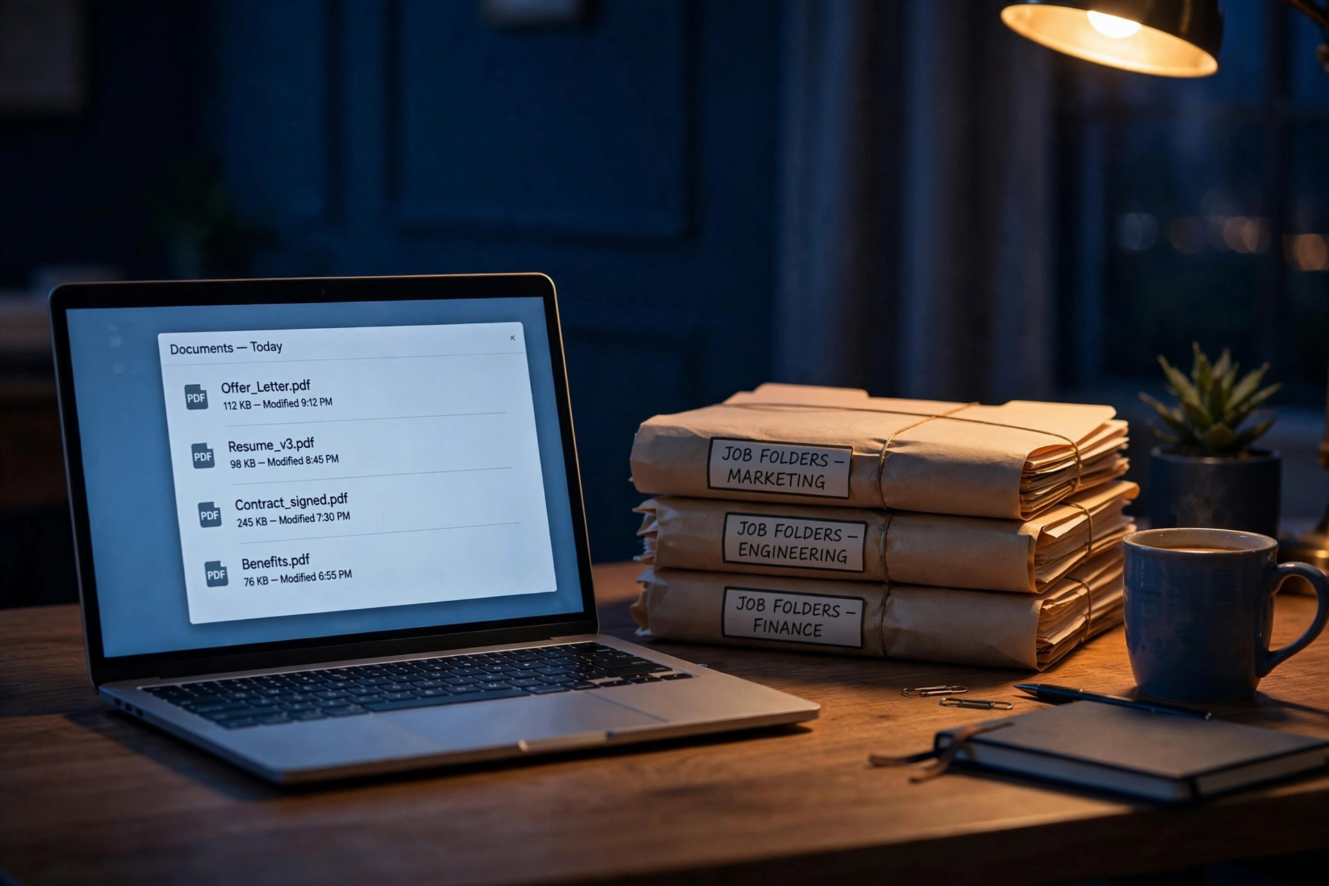 A laptop at home at night, job folders stacked beside it