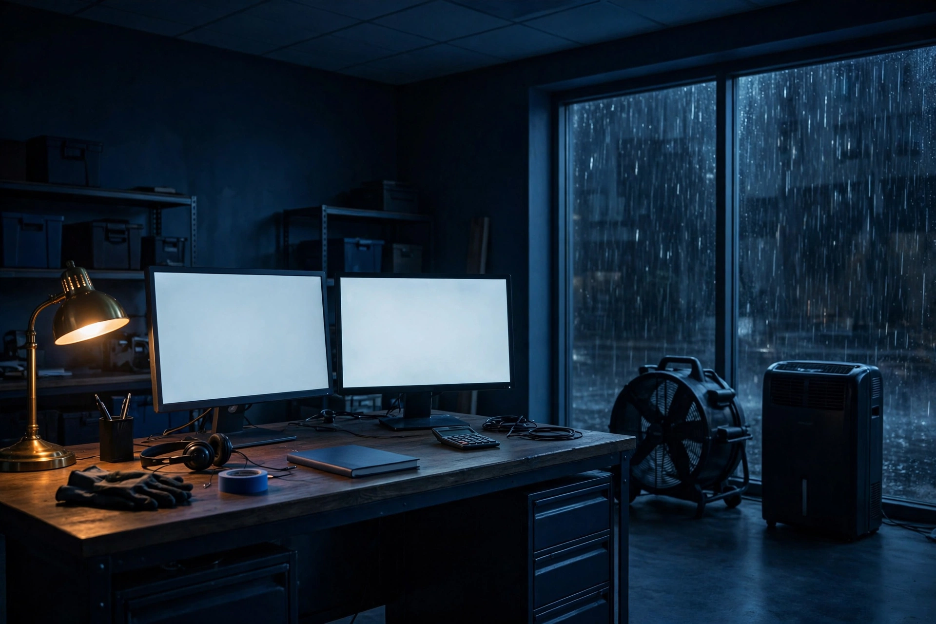 A restoration office at night — the dispatch desk glowing, rain on the windows, drying equipment standing by