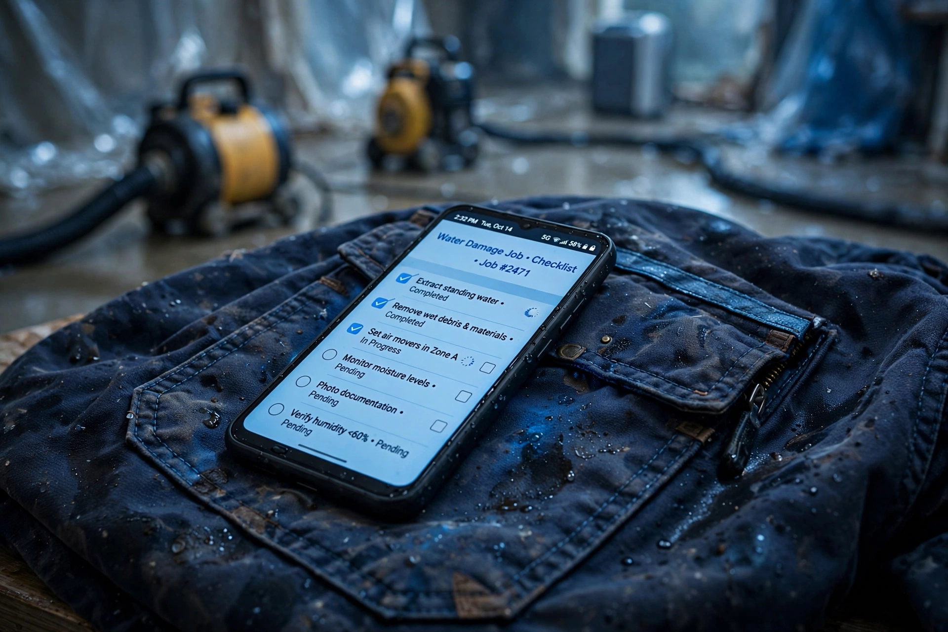 A phone on a work jacket at a water-damage job, checklist on screen